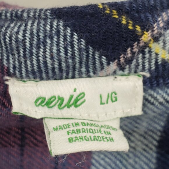 Aerie Plaid Flannel Button Up Shirt Womens L Blue Mauve White Oversize Long Tail - Picture 3 of 9